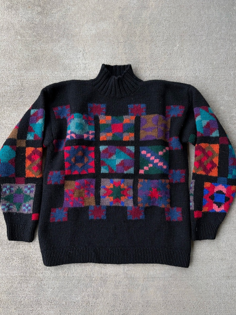 Vintage 90s LLbean 100% wool knit granny square boho sweater jumper top rainbow - Picture 7 of 7